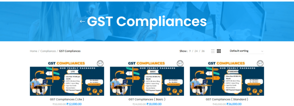 Infographic comparing Lite, Basic, and Standard GST compliance plans, highlighting features like return filing and payment support for small, medium, and large businesses.