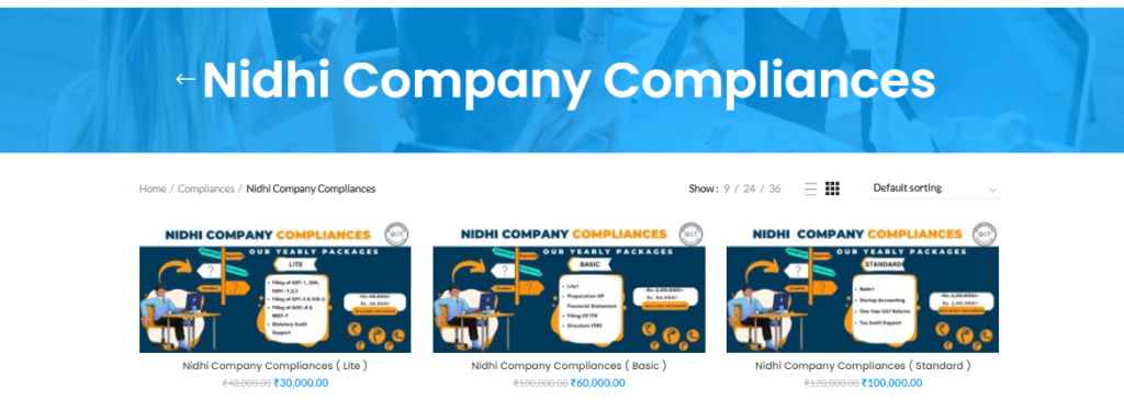 Infographic comparing three Nidhi Company compliance plans – Lite, Basic, and Standard – highlighting features like annual filing, financial audits, and regulatory compliance. Icons represent small, medium, and large Nidhi Companies to show the suitability of each plan based on company size and requirements.